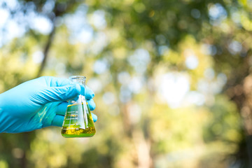 Hand holding chemistry science flask,Erlenmeyer flask over green bokeh background,concept for...