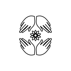 Fototapeta na wymiar Handmade symbol. Hands with a flower logo. Element for yoga studio design, crafts, artels.