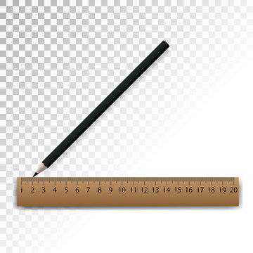 Pencil and ruler on white transparent isolated background.
