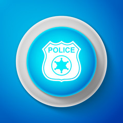 White Police badge icon isolated on blue background. Sheriff badge sign. Circle blue button with white line. Vector Illustration