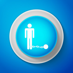 White Prisoner with ball on chain icon isolated on blue background. Circle blue button with white line. Vector Illustration