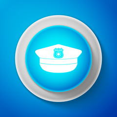White Police cap with cockade icon isolated on blue background. Police hat sign. Circle blue button with white line. Vector Illustration