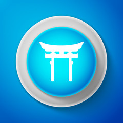 White Japan Gate icon isolated on blue background. Torii gate sign. Japanese traditional classic gate symbol. Circle blue button with white line. Vector Illustration