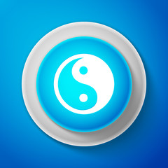 White Yin Yang symbol of harmony and balance icon isolated on blue background. Circle blue button with white line. Vector Illustration