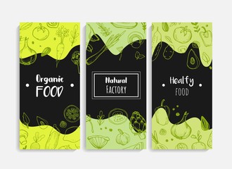 Vegetables vertical banner collection. Linear graphic. Healthy food. Vector illustration.