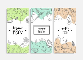 Vegetables vertical banner collection. Linear graphic. Healthy food. Vector illustration.