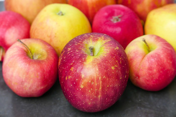 A bunch of red and yellow apples