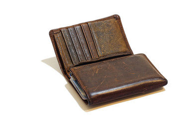 Open leather wallet on a white background