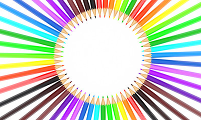 3d rendering of colored pencils on a circle on a white background isolated