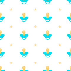 Seamless pattern with blue pacifier and yellow stars on the white background.