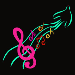 A treble clef with a heart and notes on the tail of a bird