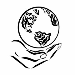 Planet Earth in hand, black lines