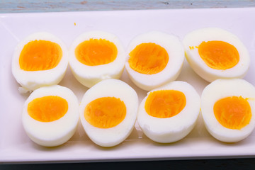 Hard boiled eggs sliced in half
