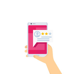 feedback, mobile review, phone in hands, vector illustration