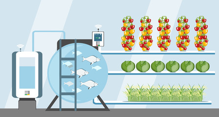 Growing plants in the greenhouse. Smart farm with wireless control. Eco farm with aquaponics system of planting vegetables. Vector illustration.