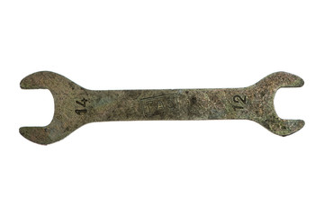 Old grungy wrench on white background. Isolated image of antiquare spanner.