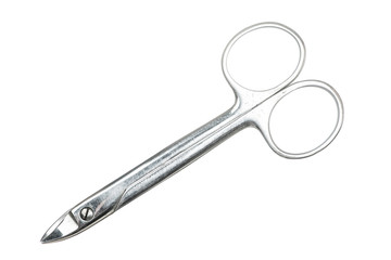 Crown scissors close-up on white background. Vertical-curved, high-durability. Isolated image of medical scissors. Vintage image of dental tool.