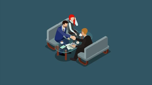 Negotiation animated concept reveal animation. Businessmen discussing terms of contract, shaking hands and making deal flat 3d isometric cartoon 4K video.