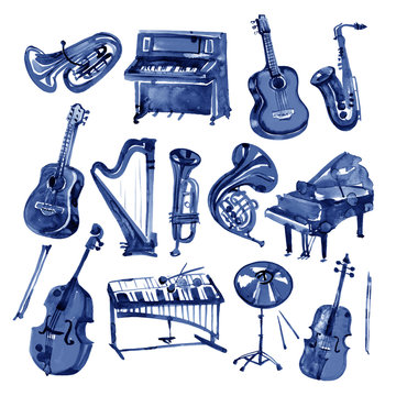 Set of hand draw blue watercolor musical instruments