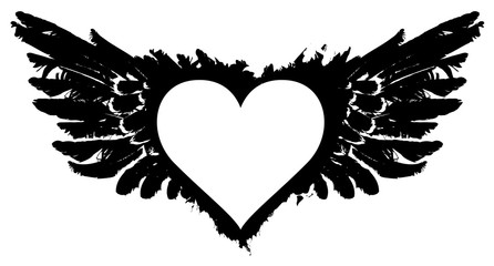 Vector graphic abstract illustration of white heart with black wings isolated on white background. Black and white flying heart. T-shirt design template