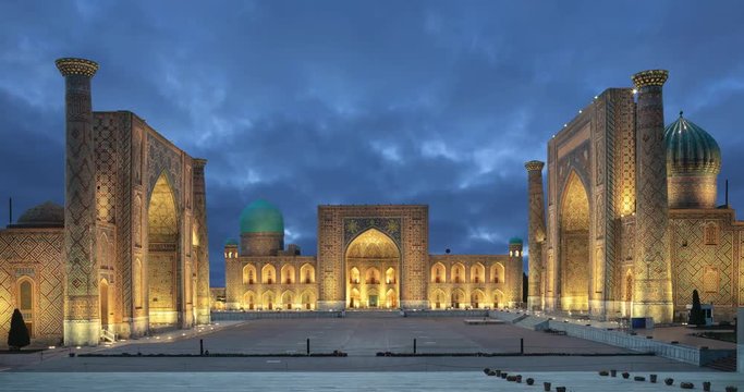 Samarkand at dusk. Historic Registan square with three madrasahs (static image with animated sky)
