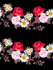 Seamless pattern with wreaths of garden flowers isolated on black background. Red and pink roses, chamomilies and brown leaves. Vector summer design.