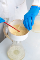 Close up of hands of scientist pouring a liquid into the Büchner filter funnel