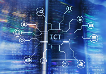 ICT - information and communications technology concept on server room background.?