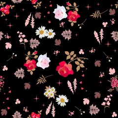 Seamless ditsy floral pattern with roses, daisies and bell flowers and silhouettes of leaves on night sky background. Vector summer design. Print for fabric.