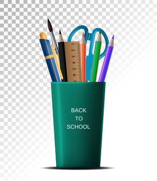 3D Realistic Back to school. School supplies in a cup on a white background transparent isolation.