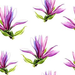 Seamless pattern of Magnolia flowers painted in watercolor.