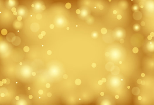 Abstract Glittering golden background with bokeh effect. Gold twinkled light backdrop for Wedding or Christmas card . Vector Illustration.