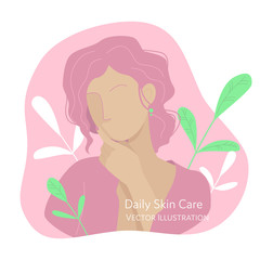 Flat vector illustration of a woman. Daily skin care.