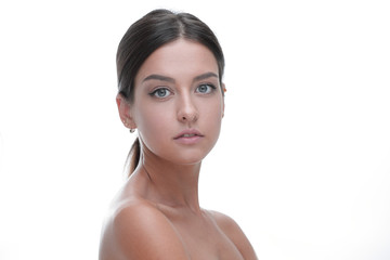 close-up portrait of a young woman with natural make-up.