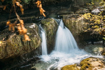 Waterfalls In Martvili Canyon, Georgia. Landscape Abasha River. 