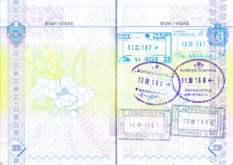 Passport with stamps of Kyrgyzstan, Kazakhstan and Uzbekistan