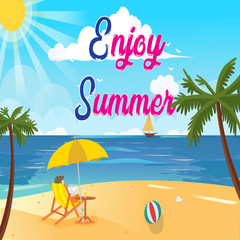 Fototapeta na wymiar Summer Beach Vector Design in the Seashore with Beach Umbrella and Chair. Summer Background Vector Illustration for Beach Holidays