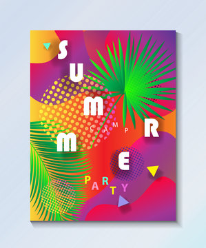 Hello Summer tropical abstract composition geometric dynamic colorful bubbles shapes modern bright sunset design template set. Festival, Carnival, Attraction, kids, sport, camp flyers travel concept