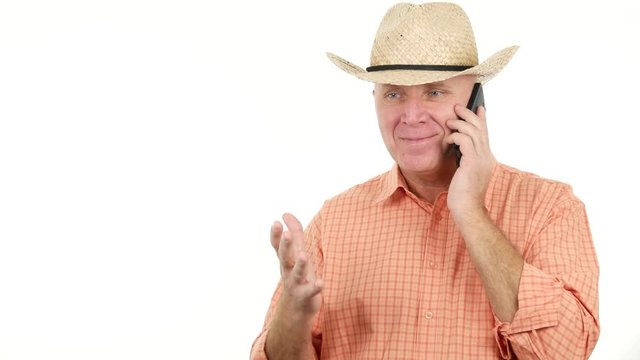 Farmer Talking to Cellphone Financial Gain Make Enthusiastic Hand Gestures