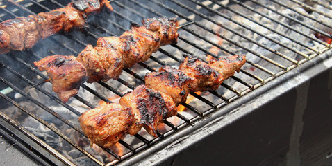 Closeup of some meat skewers being grilled in a barbecue