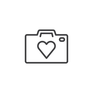 Heart camera outline icon. linear style sign for mobile concept and web design. Photo camera with heart simple line vector icon. Love photo symbol, logo illustration. Vector graphics