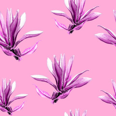 Fototapeta na wymiar Seamless pattern of Magnolia flowers painted in watercolor.