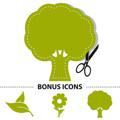 Tree Pictogram And Bonus Icons - Vector Sticker Illustration With Scissor And Cutline - Isolated On White Background