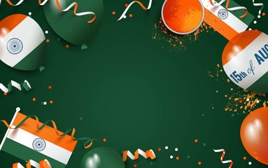 15 August.India independence day celebration background with balloons, flag and holi powder. Festive frame flat lay. Vector illustration
