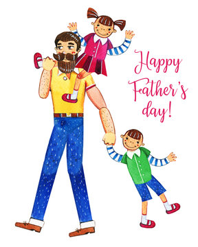 Father's day hand drawn watercolor illustration with father walking and two kids. Girl sitting on shoulders, boy walking. Isolated on white background