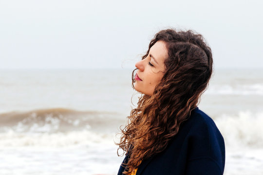 Girl Rain Sea Wind Winter Portrait Woman Smile Spring Coat Long Hair Curly Mood Shore Snow Beach