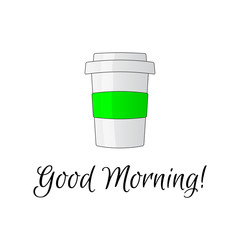 Good morning lettering vector illlustration with coffee, pop art style on white background