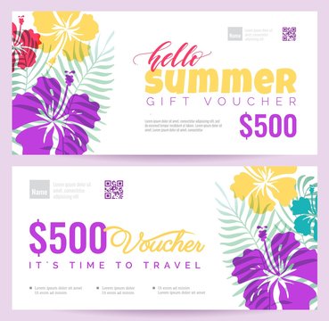 Collection of summer gift vouchers.  Gift certificate for a holiday.  Vector flat illustration