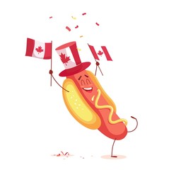 Funny cartoon hot dog holding canadian flag. Vector illustration