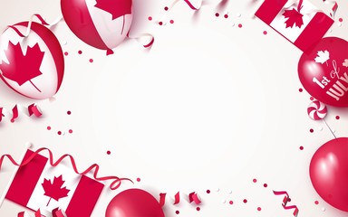 1st of July. Canada independence day celebration background with balloons, flag and confetti. Festive frame flat lay. Vector illustration